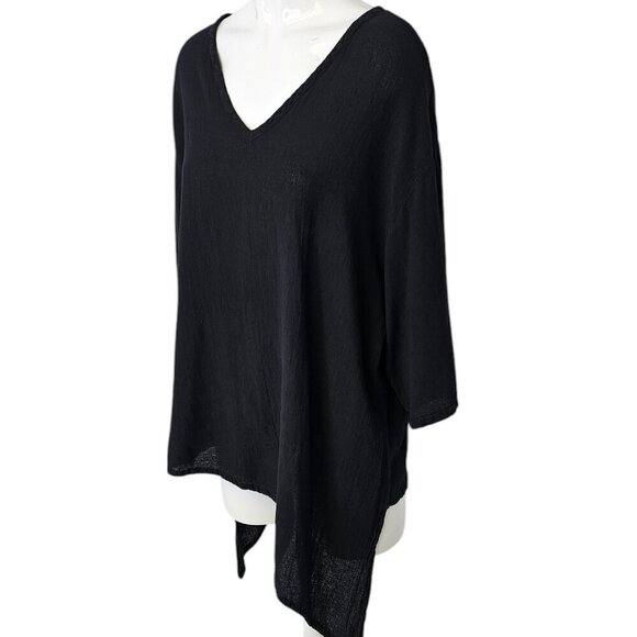 Oh My Gauze! Womens Aysymmetrical Lagenlook Cotton V-Neck Top, Black, Sz 2 L/XL - Picture 7 of 7